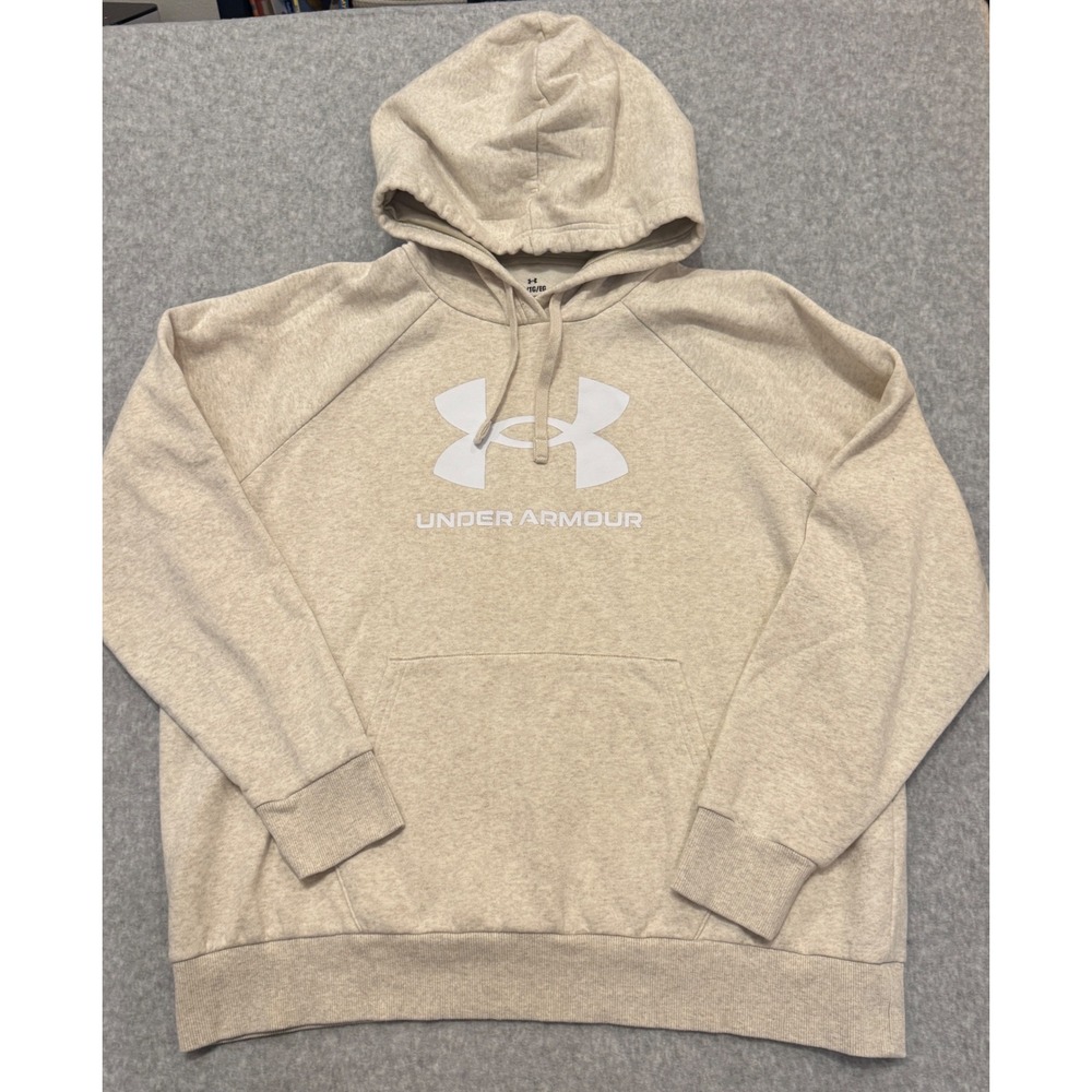 Under Armour Womens Rival Fleece Hoodie Oatmeal Heather Logo Pullover XL